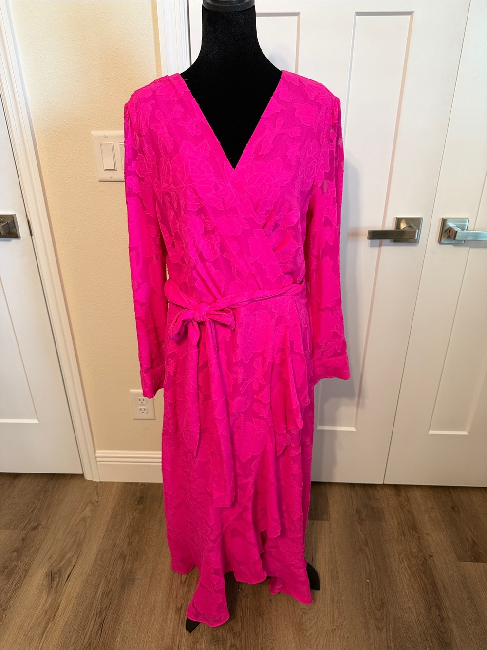 Tahari Hot Pink Long Sleeve Wrap Maxi Dress